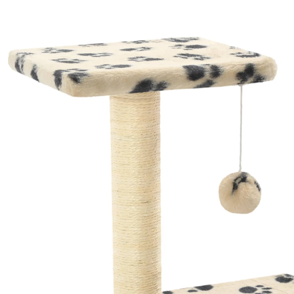 Cat house with sisal rope scratching post, 65 cm, beige with paw prints