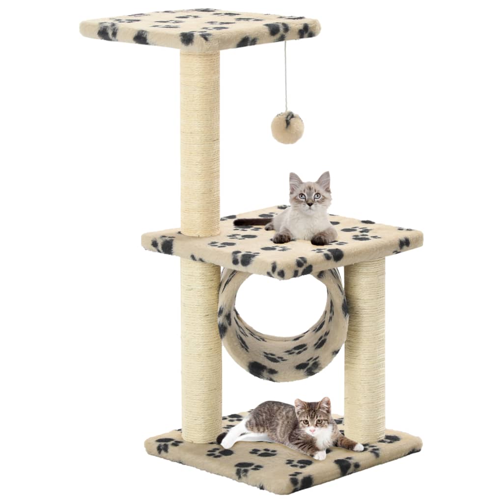 Cat house with sisal rope scratching post, 65 cm, beige with paw prints