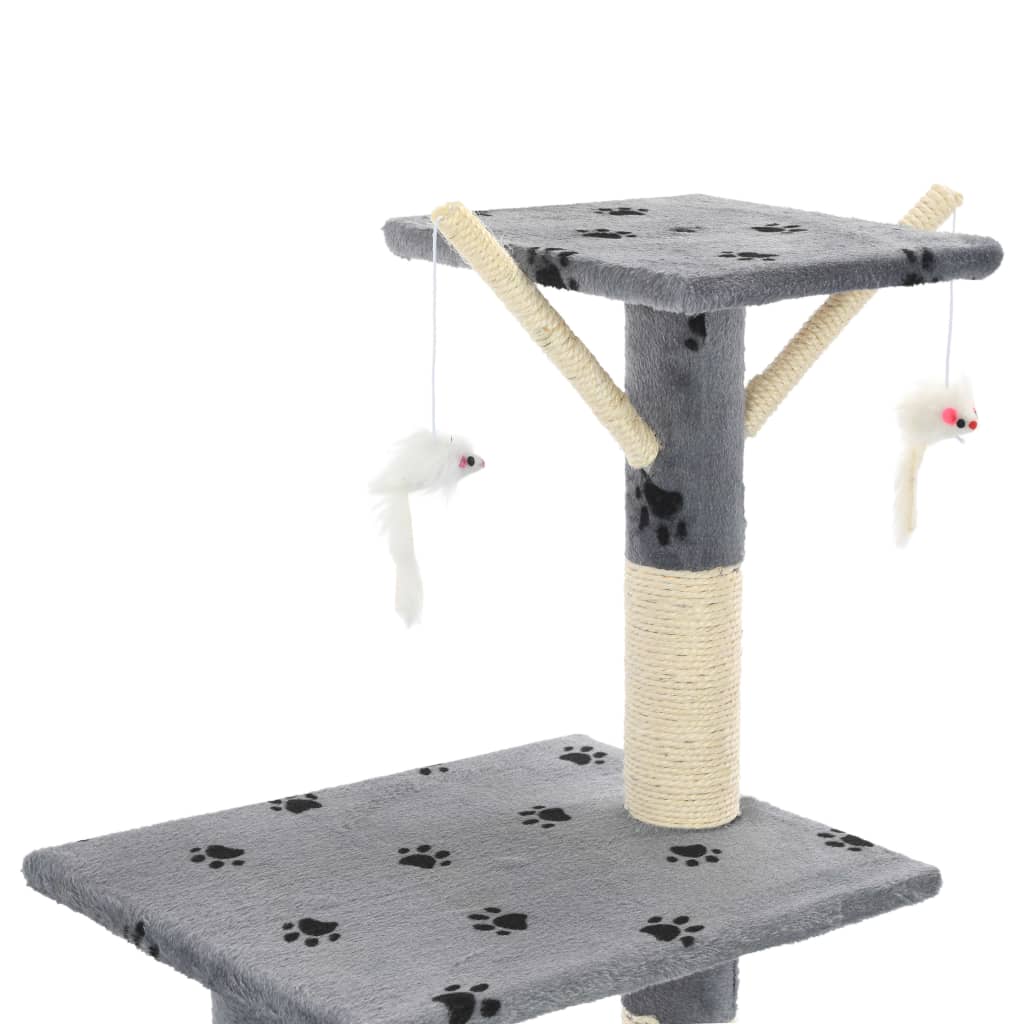 Cat house with sisal rope and scratching post 138 cm, grey with paw prints