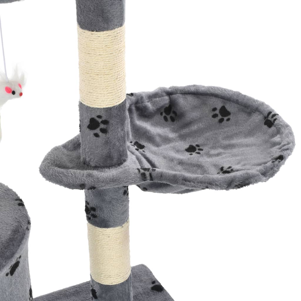 Cat house with sisal rope and scratching post 138 cm, grey with paw prints