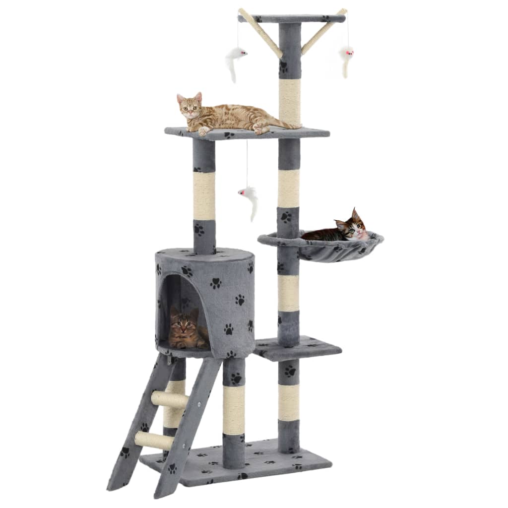 Cat house with sisal rope and scratching post 138 cm, grey with paw prints