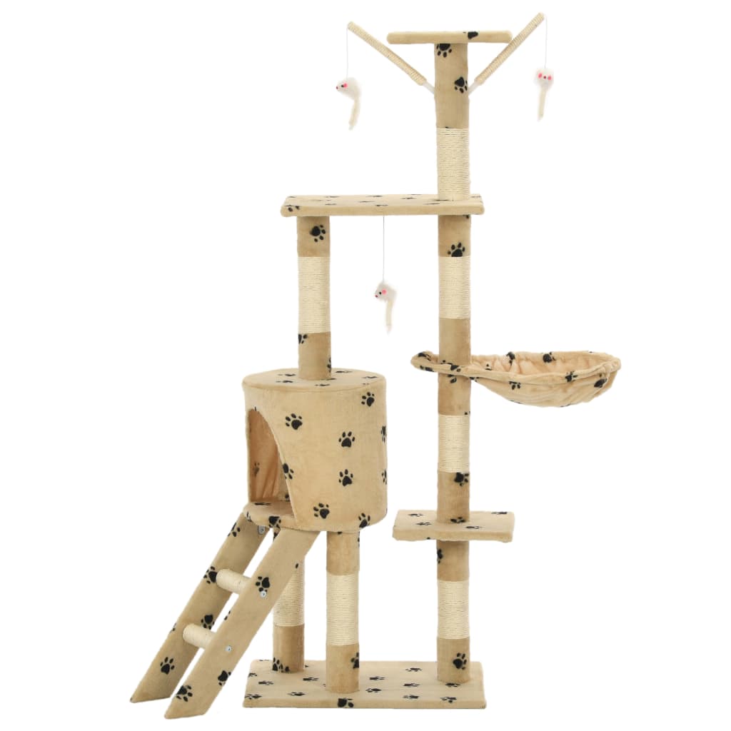 Cat house with sisal rope and scratching post 138 cm with paw prints beige