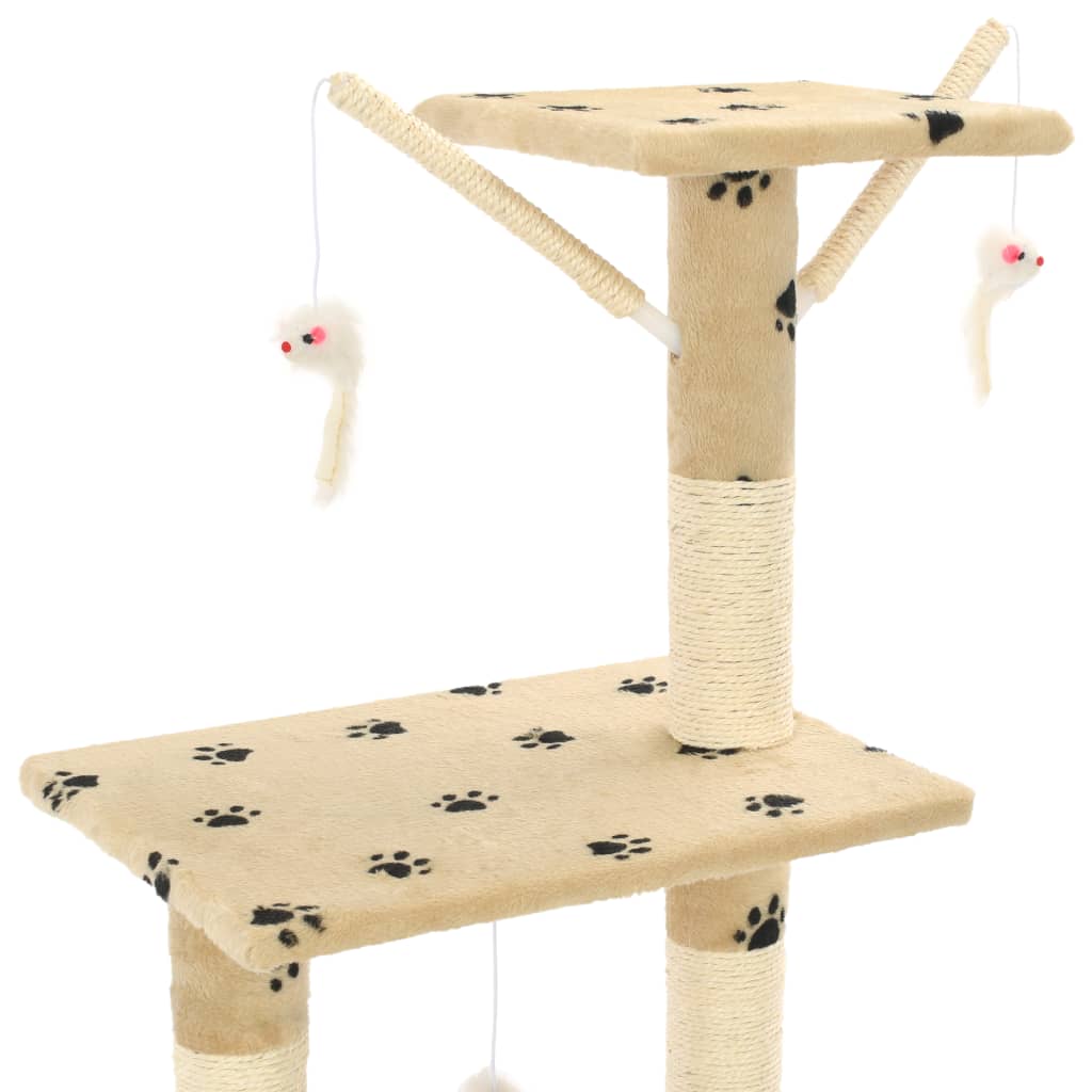 Cat house with sisal rope and scratching post 138 cm with paw prints beige