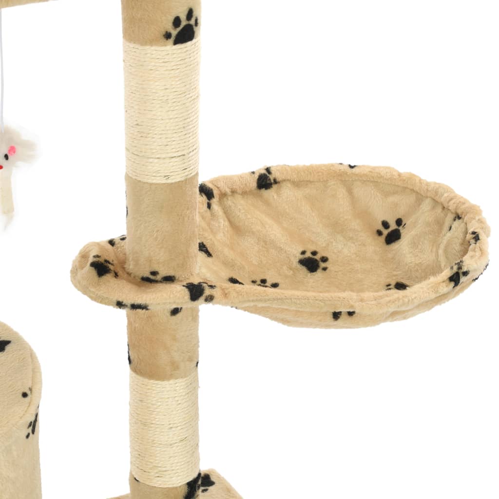 Cat house with sisal rope and scratching post 138 cm with paw prints beige