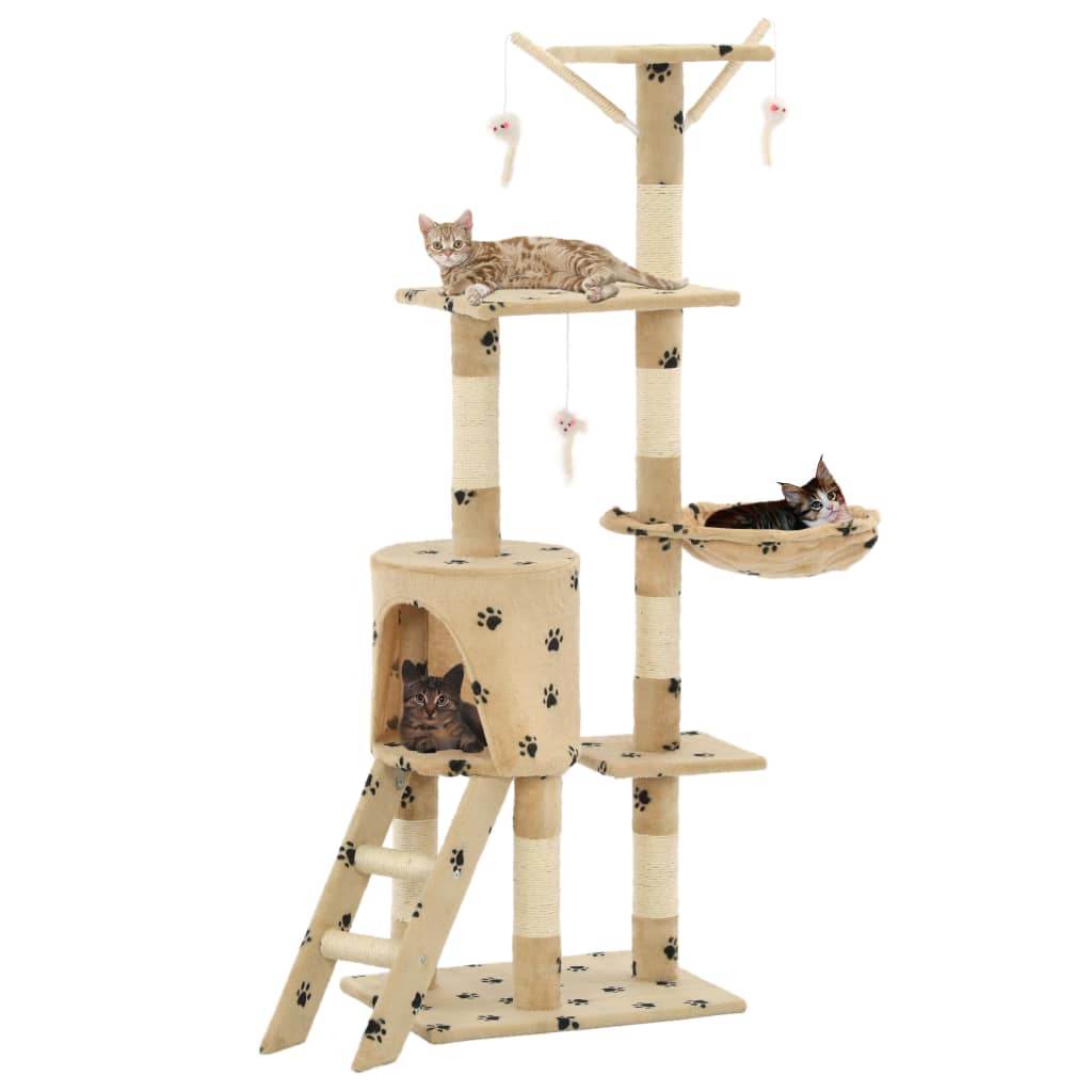 Cat house with sisal rope and scratching post 138 cm with paw prints beige