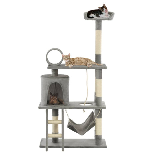 Cat house with sisal rope and scratching post, 140 cm, grey