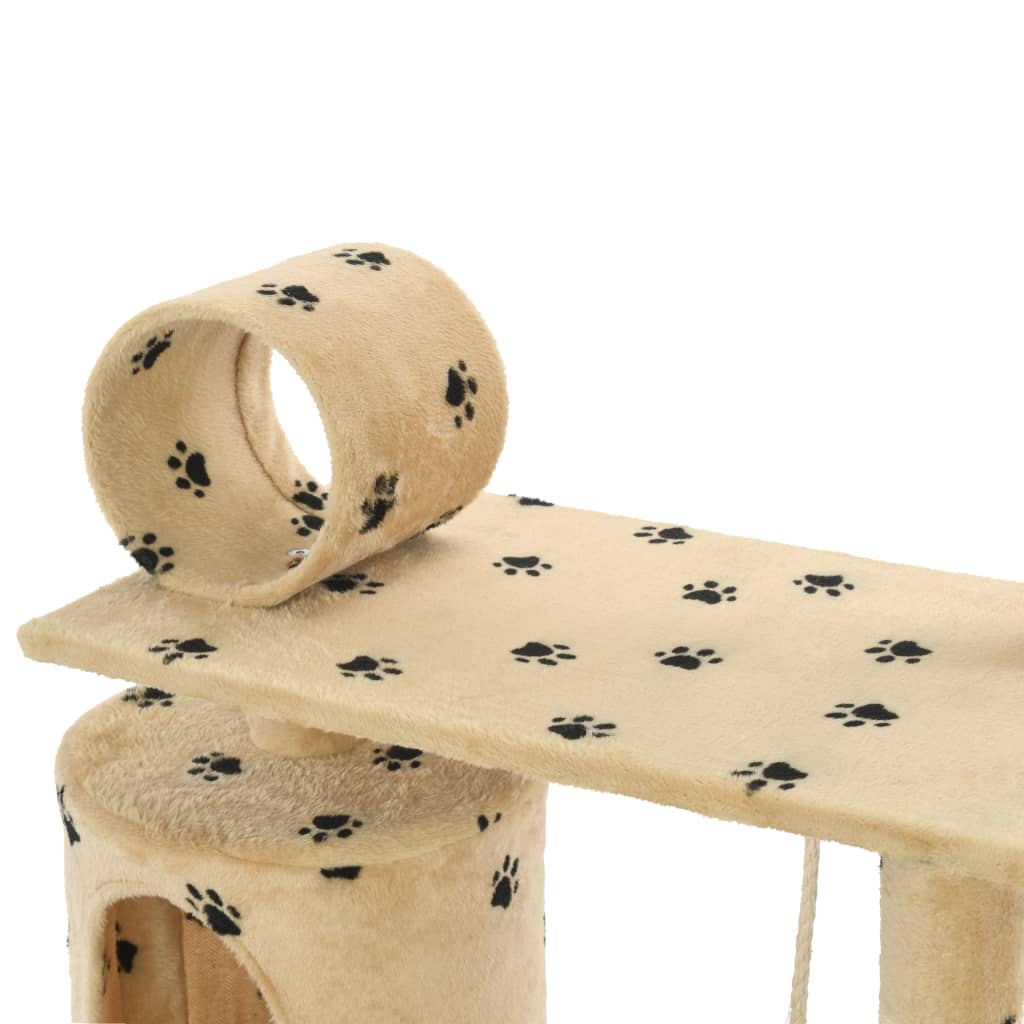 Cat house with sisal rope and scratching post 140 cm with paw prints beige