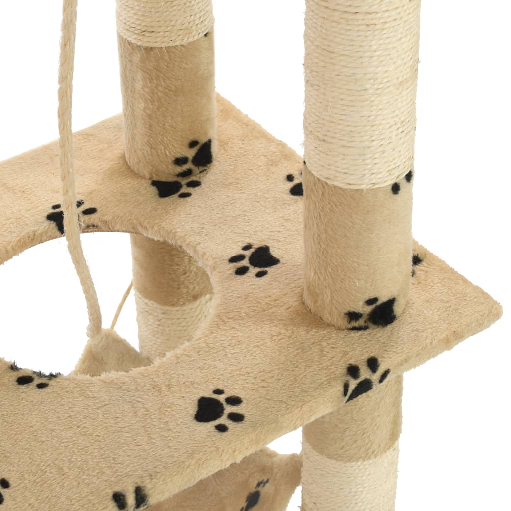 Cat house with sisal rope and scratching post 140 cm with paw prints beige