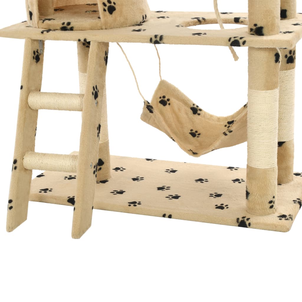 Cat house with sisal rope and scratching post 140 cm with paw prints beige