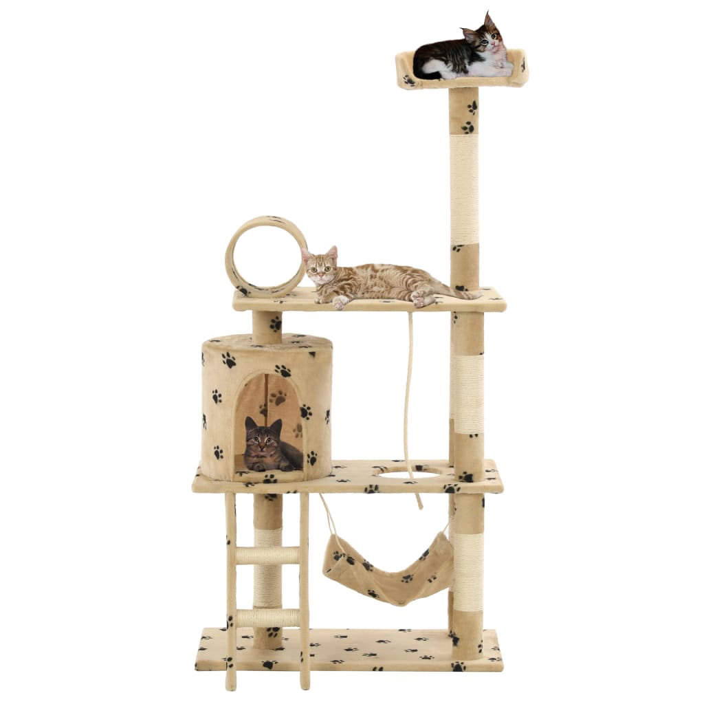 Cat house with sisal rope and scratching post 140 cm with paw prints beige