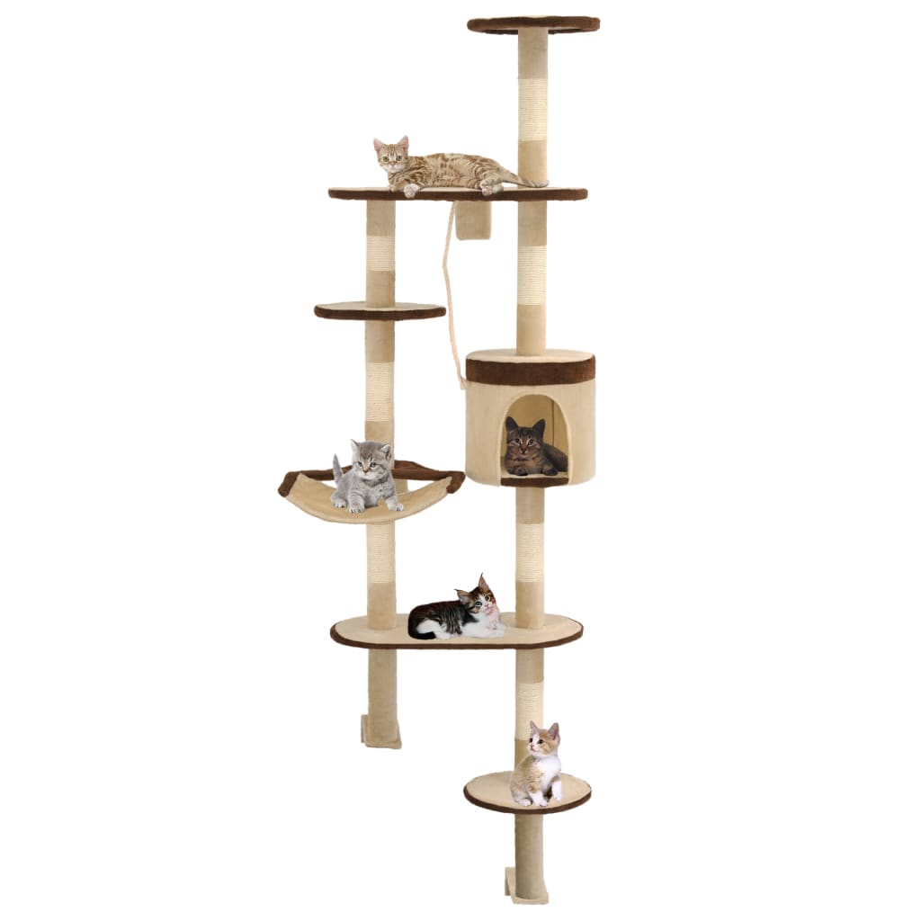 Cat house with sisal rope scratching post, 194 cm, beige and brown