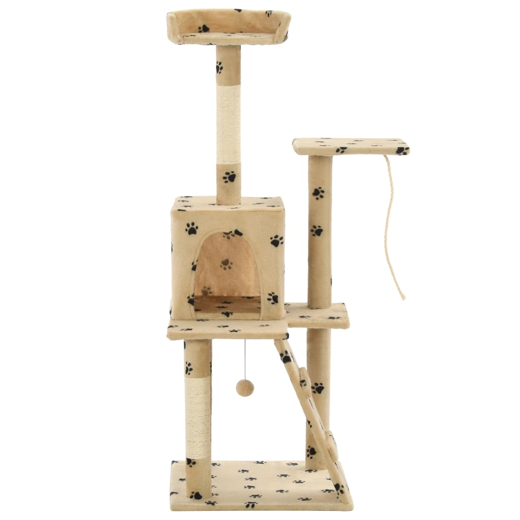 Cat house with sisal rope and scratching post 120 cm with paw prints beige