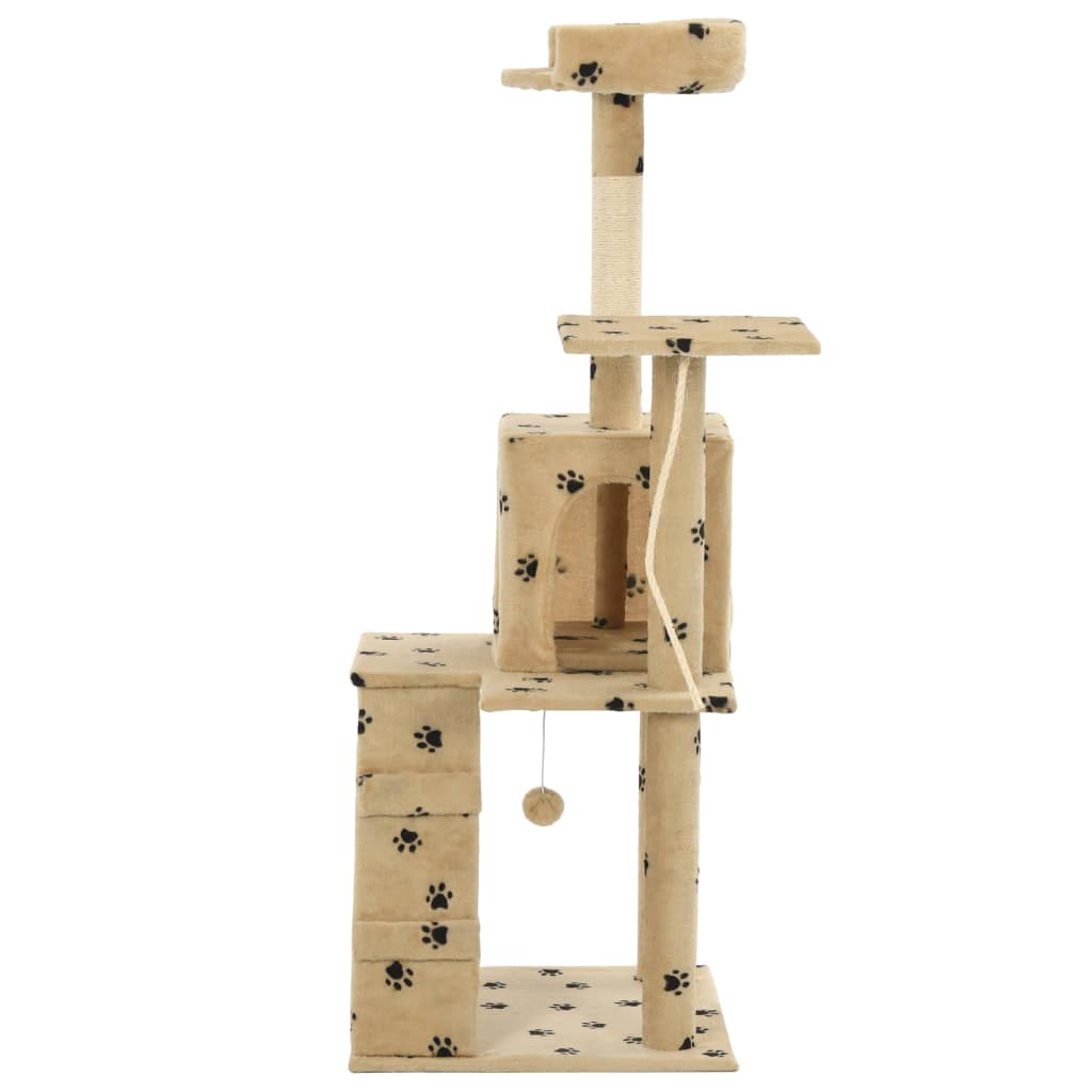 Cat house with sisal rope and scratching post 120 cm with paw prints beige