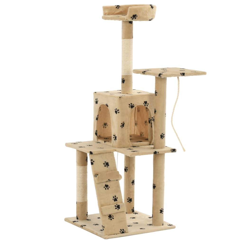 Cat house with sisal rope and scratching post 120 cm with paw prints beige