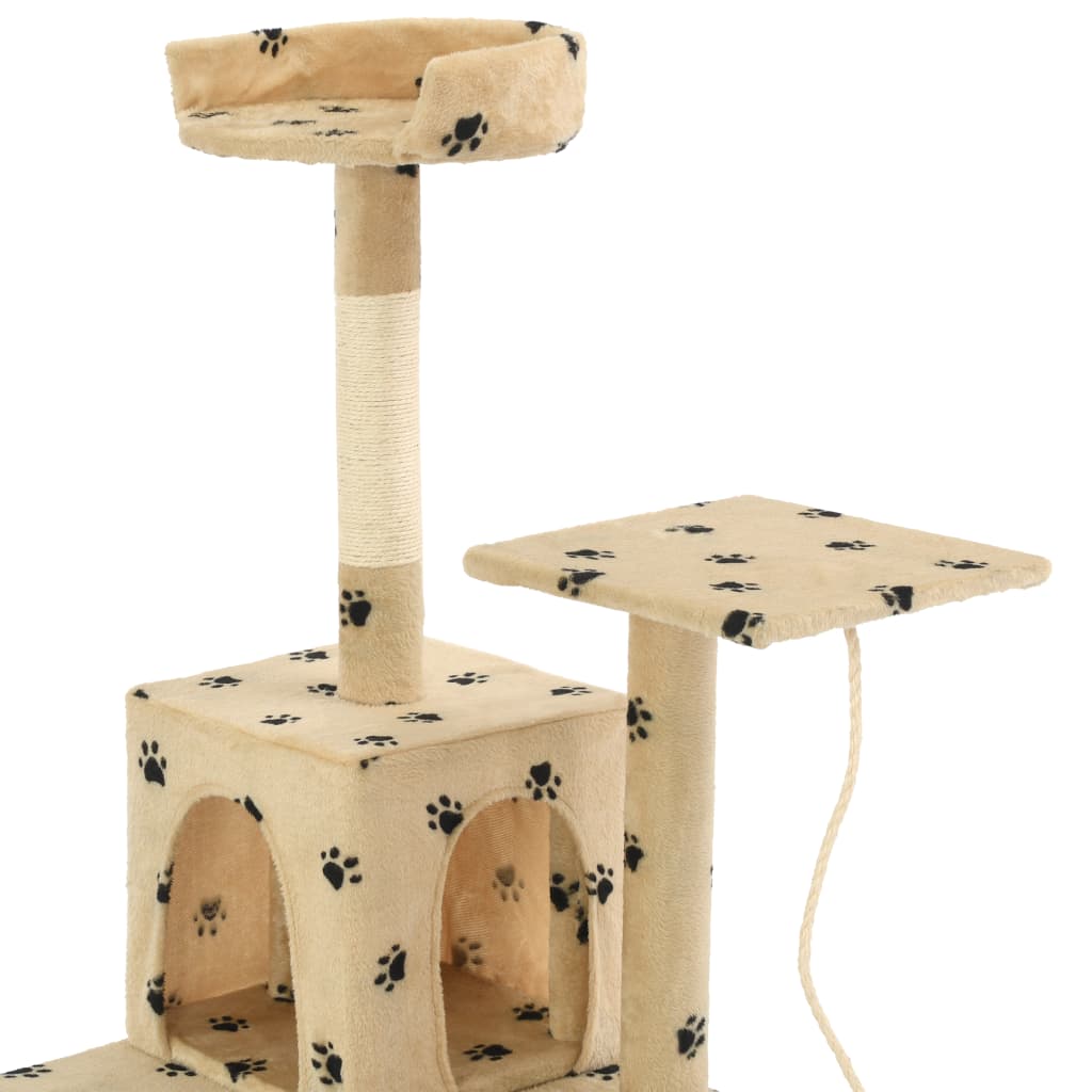 Cat house with sisal rope and scratching post 120 cm with paw prints beige