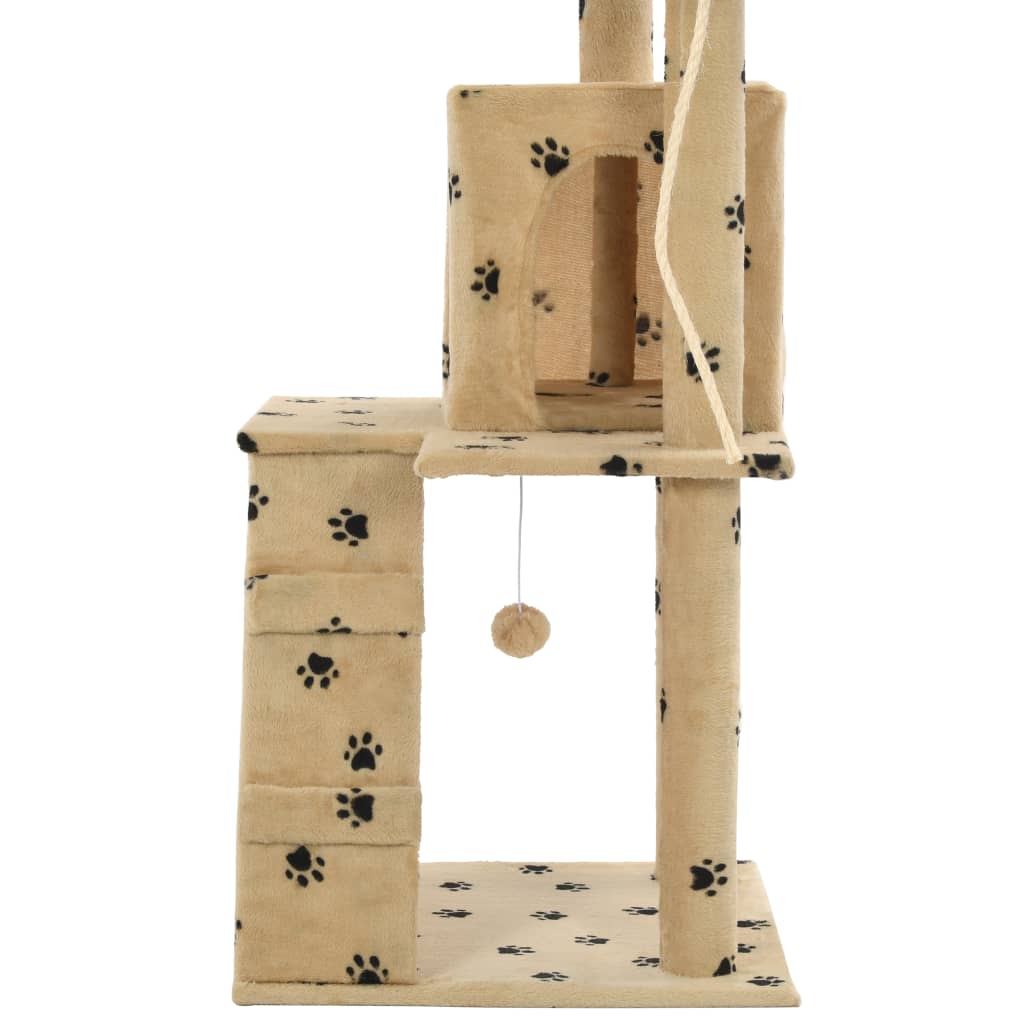 Cat house with sisal rope and scratching post 120 cm with paw prints beige