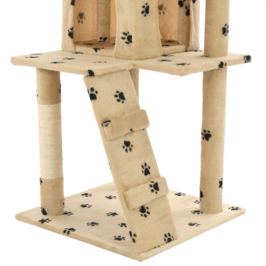 Cat house with sisal rope and scratching post 120 cm with paw prints beige