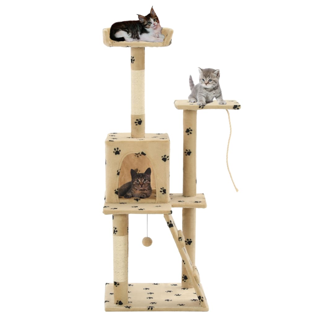 Cat house with sisal rope and scratching post 120 cm with paw prints beige