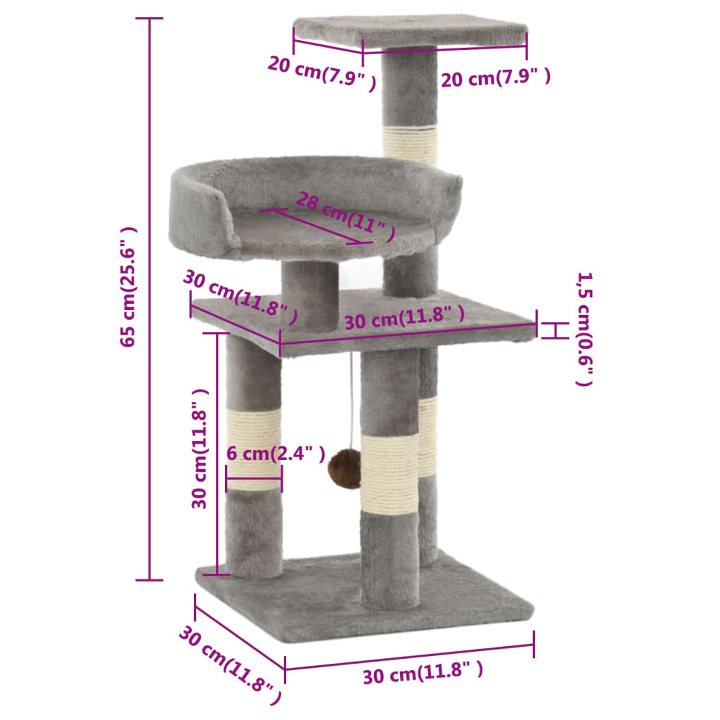 Cat house with sisal rope scratching post 65 cm grey