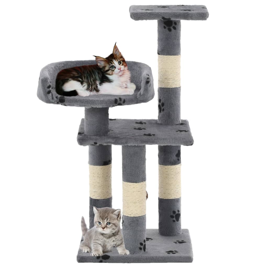 Cat house with sisal rope and scratching post 65 cm with paw prints grey