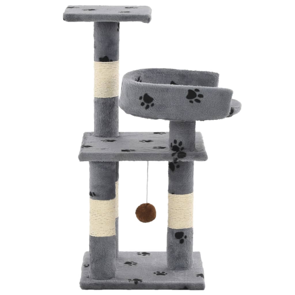 Cat house with sisal rope and scratching post 65 cm with paw prints grey