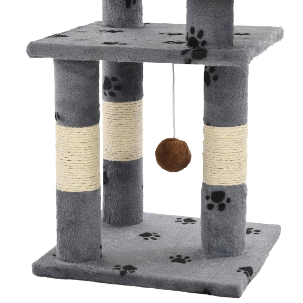 Cat house with sisal rope and scratching post 65 cm with paw prints grey