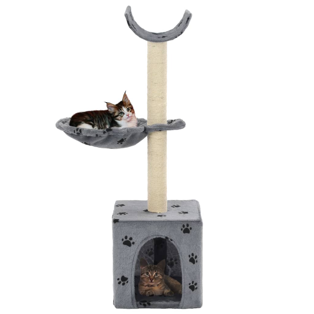 Cat house with sisal rope and scratching post 105 cm paw prints, gray