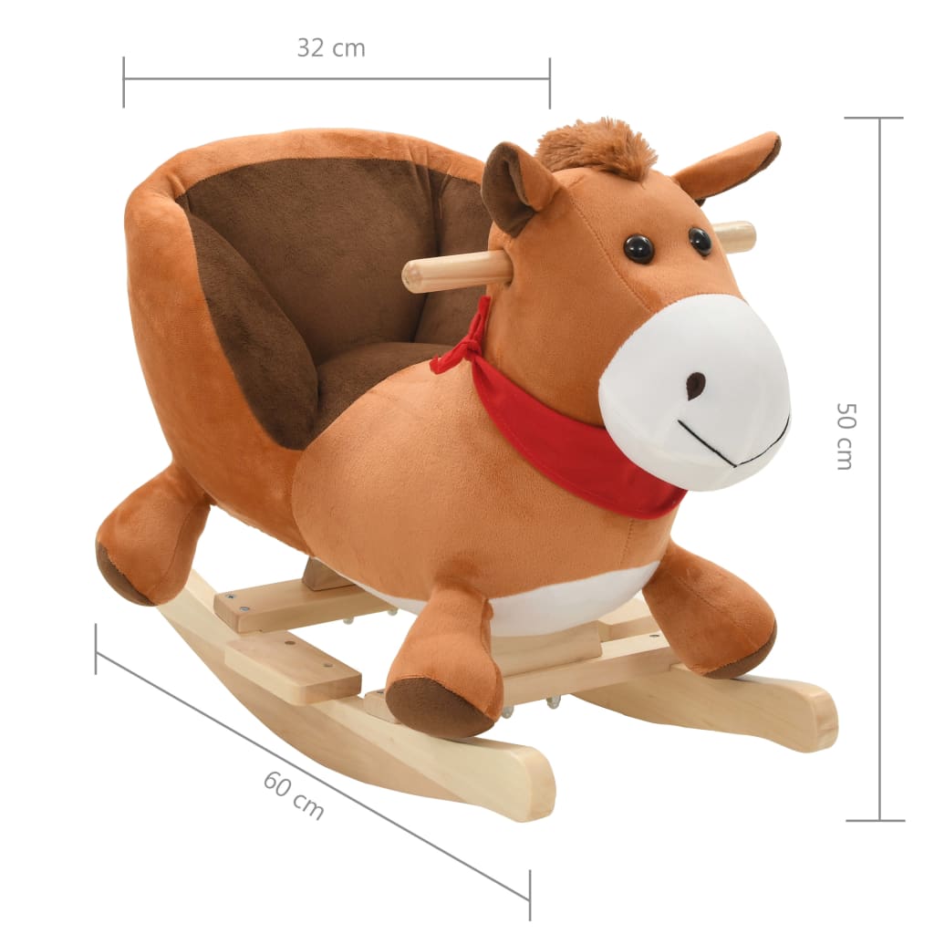 Rocking horse with backrest, plush, 60 x 32 x 50 cm brown