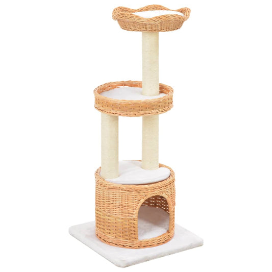 Cat house with sisal rope scratching post, natural willow wood