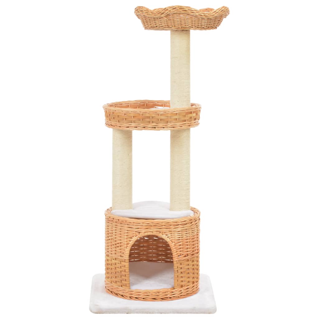 Cat house with sisal rope scratching post, natural willow wood