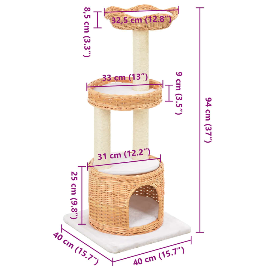 Cat house with sisal rope scratching post, natural willow wood