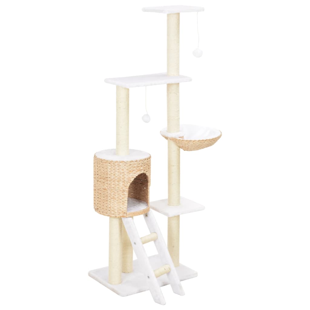 Cat house with sisal rope scratching post, seagrass