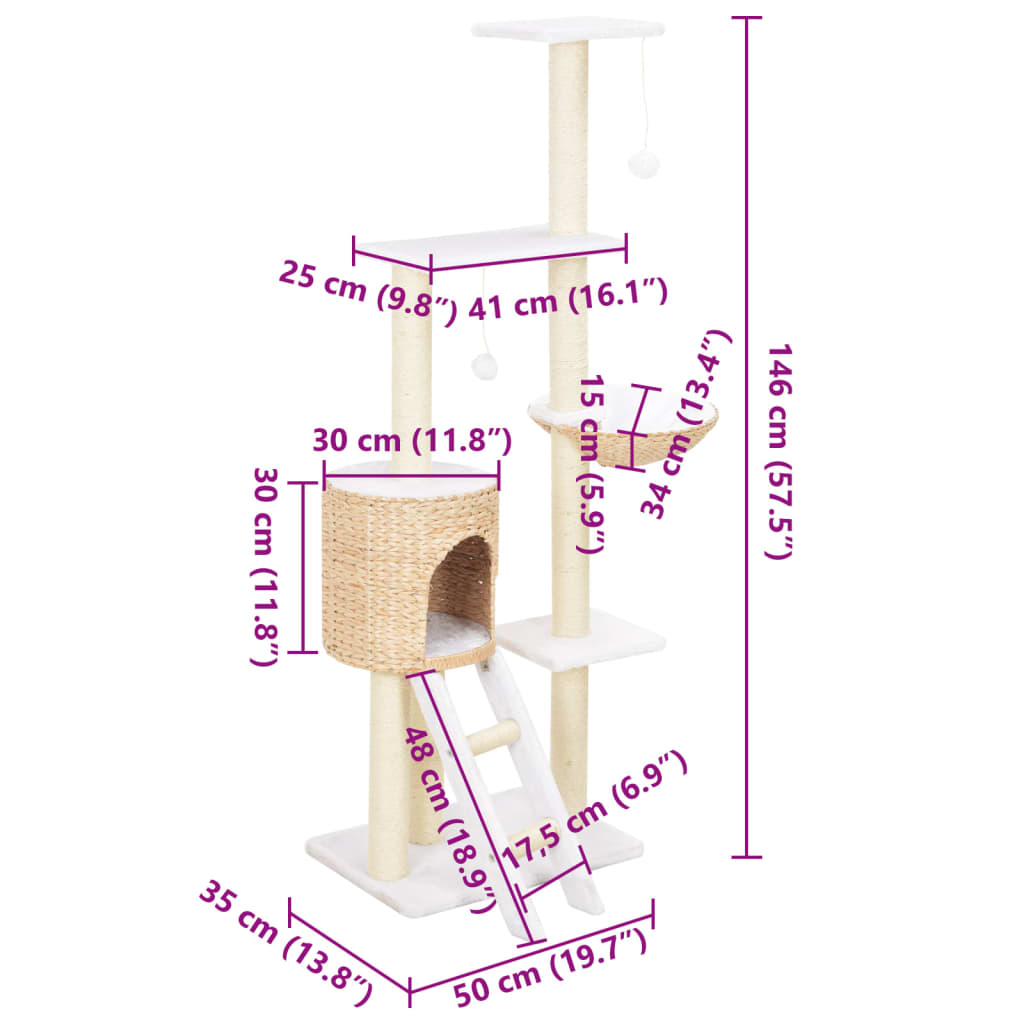 Cat house with sisal rope scratching post, seagrass