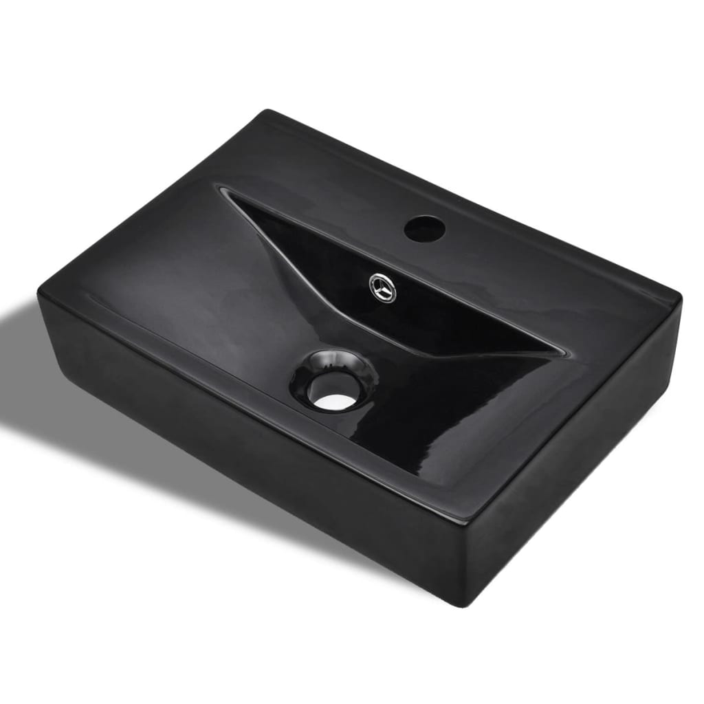 bathroom sink with tap and overflow hole, black, square