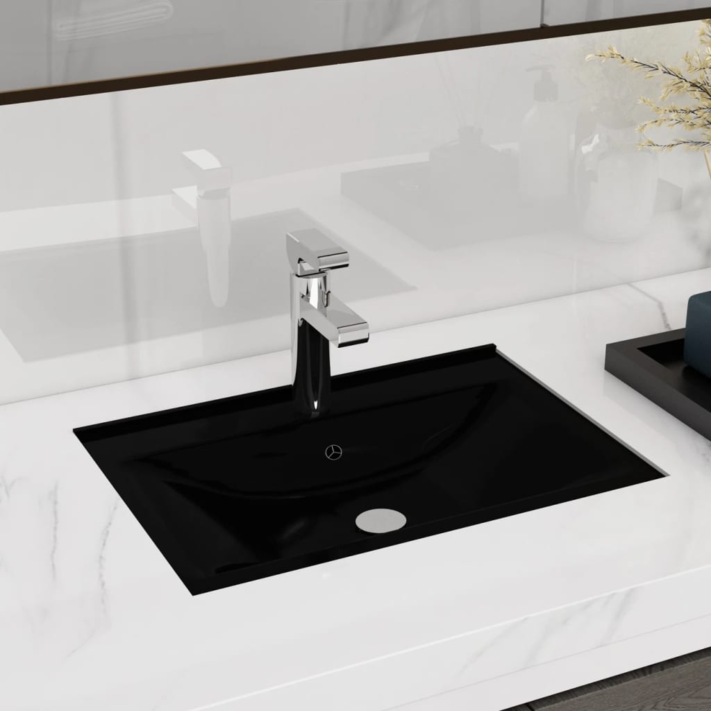 bathroom sink with tap and overflow hole, black, square