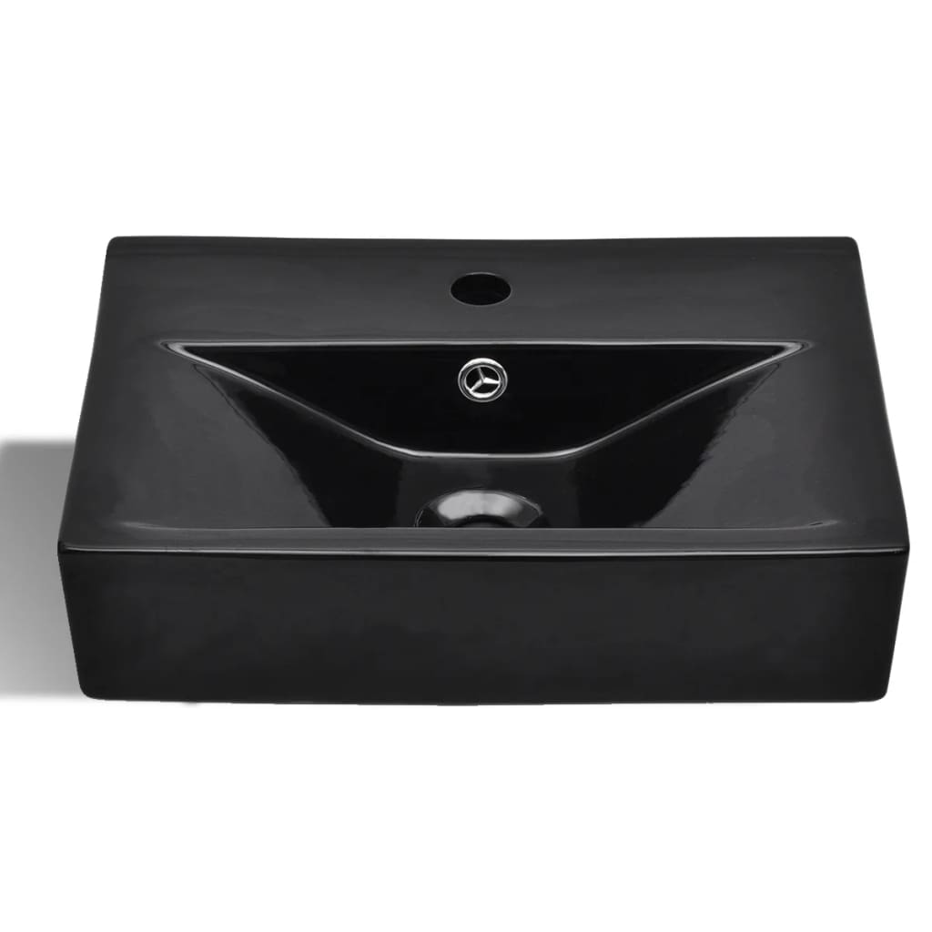 bathroom sink with tap and overflow hole, black, square