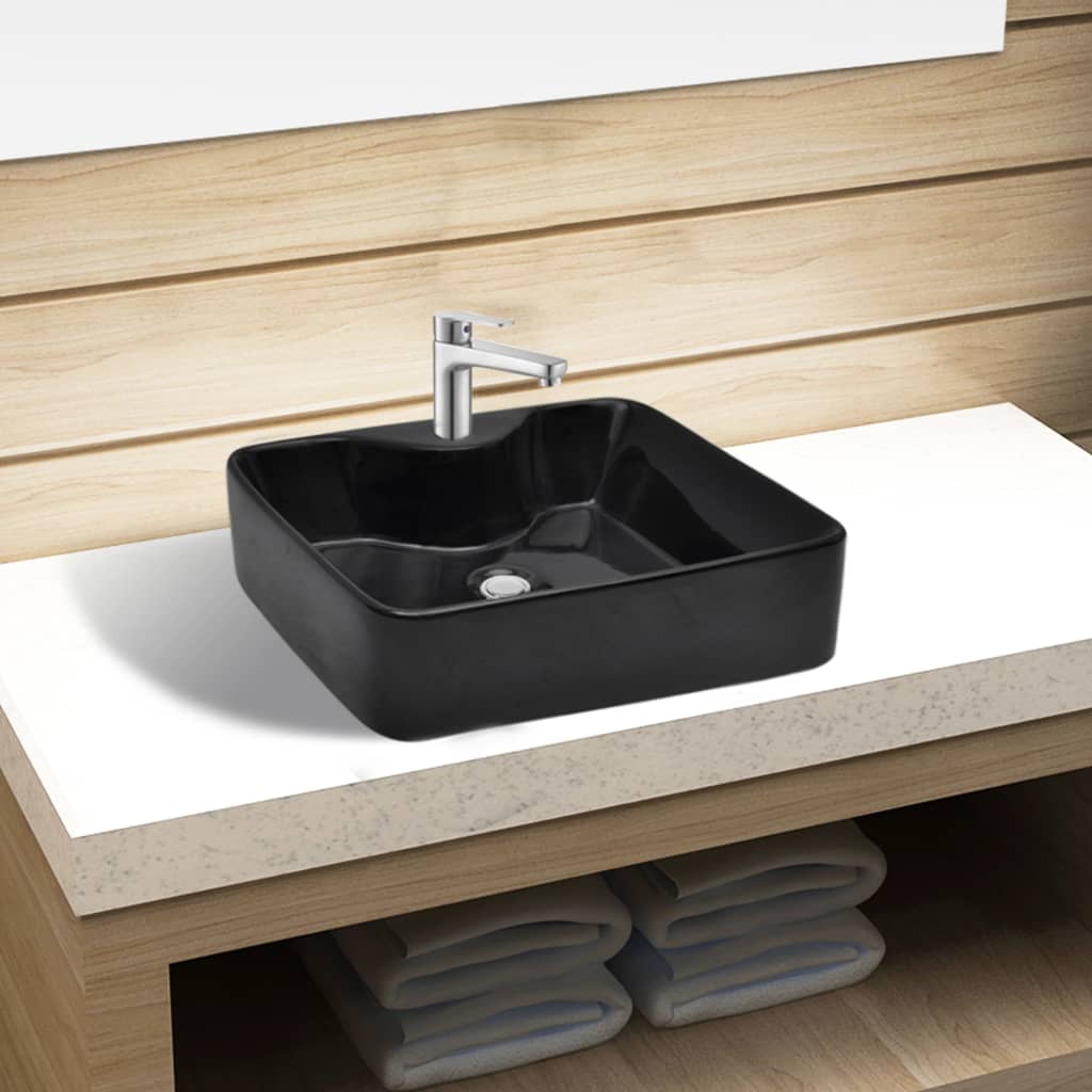 Ceramic bathroom sink with tap hole, square, black