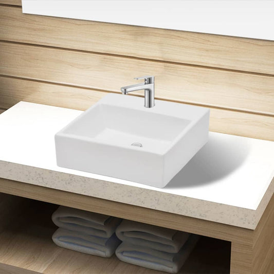 Ceramic bathroom sink with tap hole, square, white