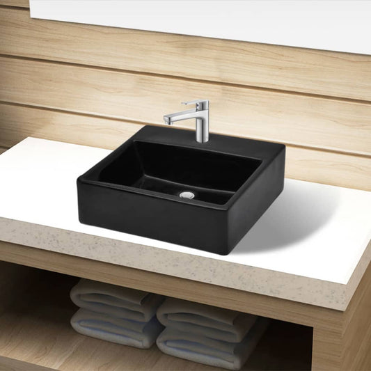 Ceramic bathroom sink with tap hole, square, black