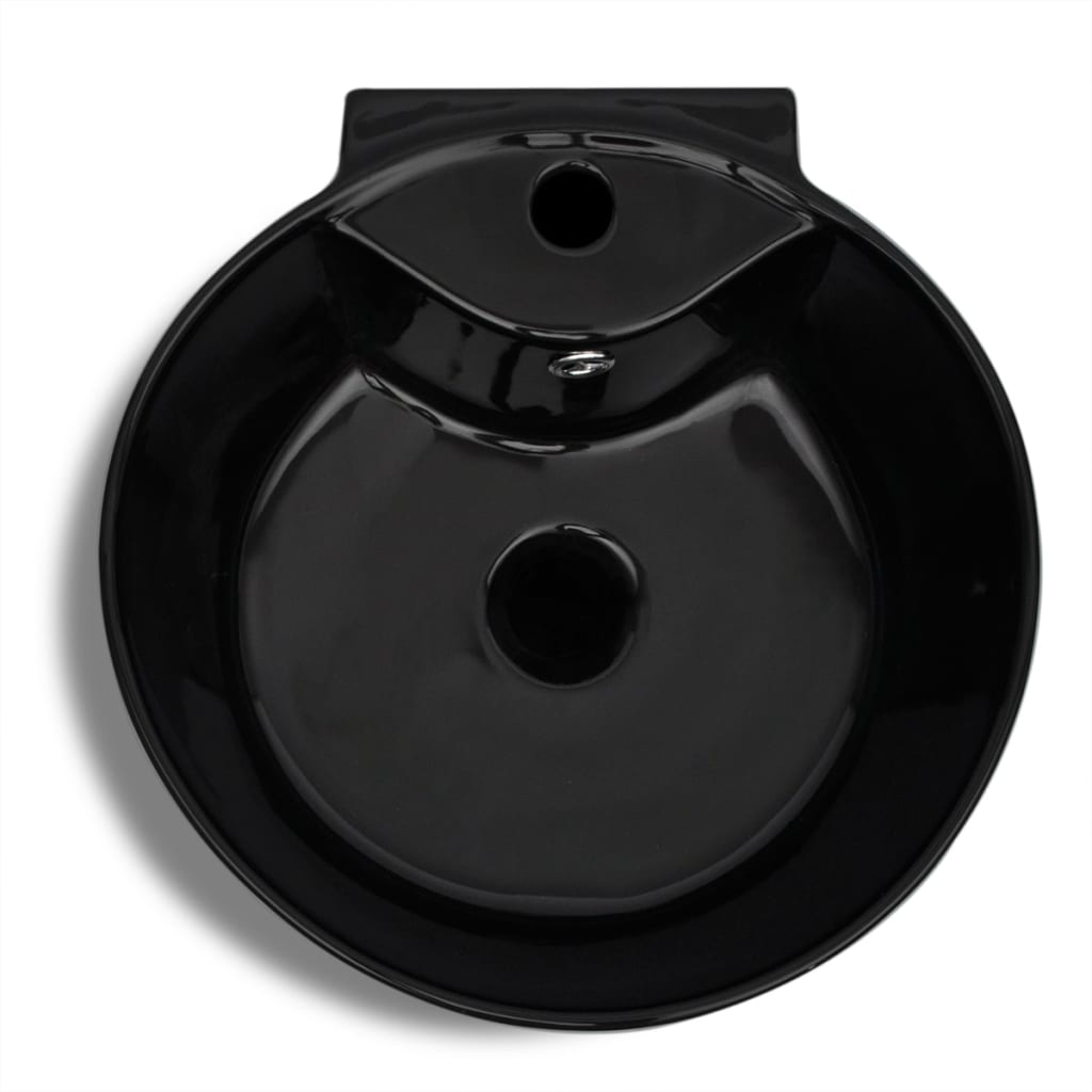 Ceramic bathroom sink with tap and overflow hole, round, black