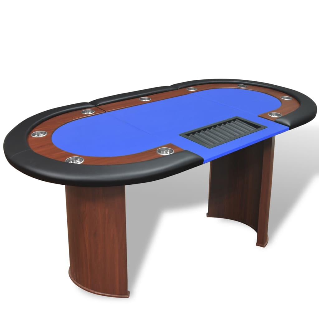 poker table for 10 players with dealer area and chip tray, blue