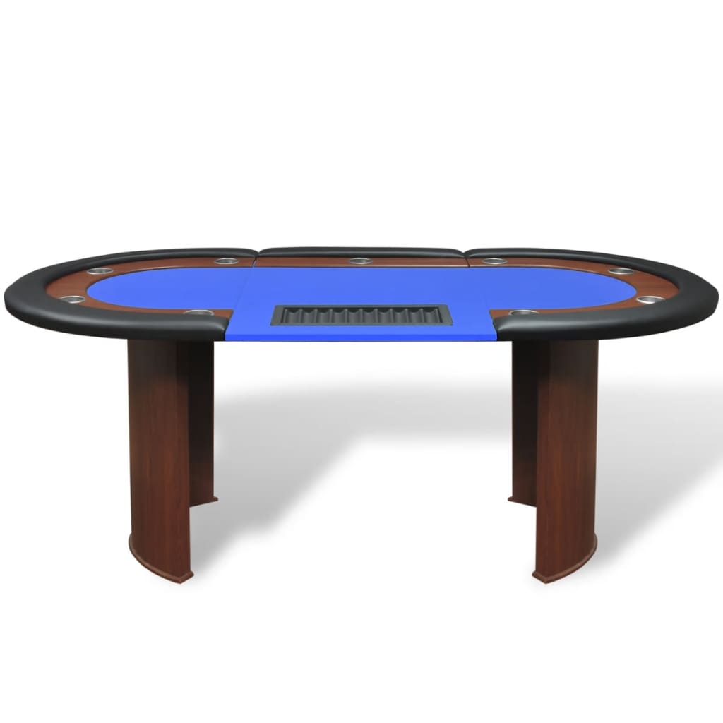 poker table for 10 players with dealer area and chip tray, blue