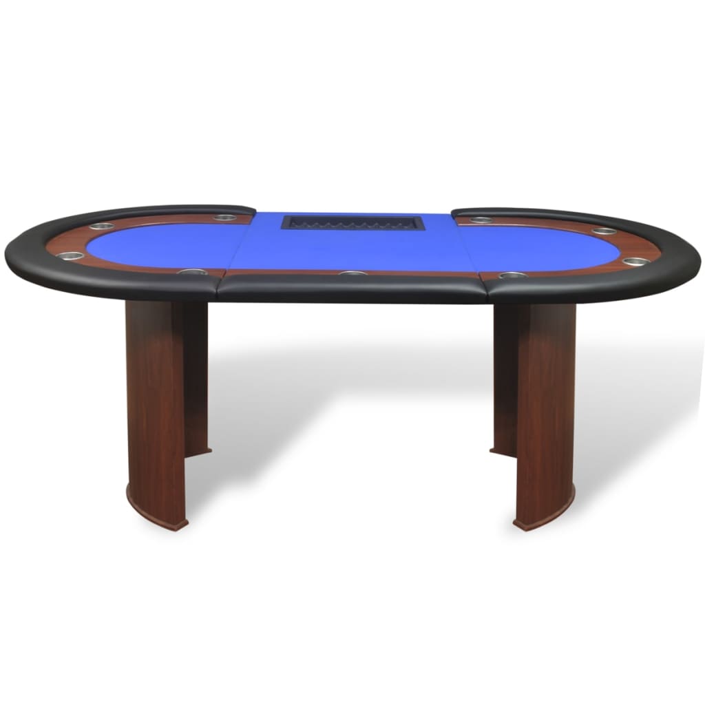 poker table for 10 players with dealer area and chip tray, blue