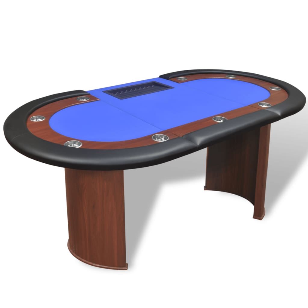 poker table for 10 players with dealer area and chip tray, blue