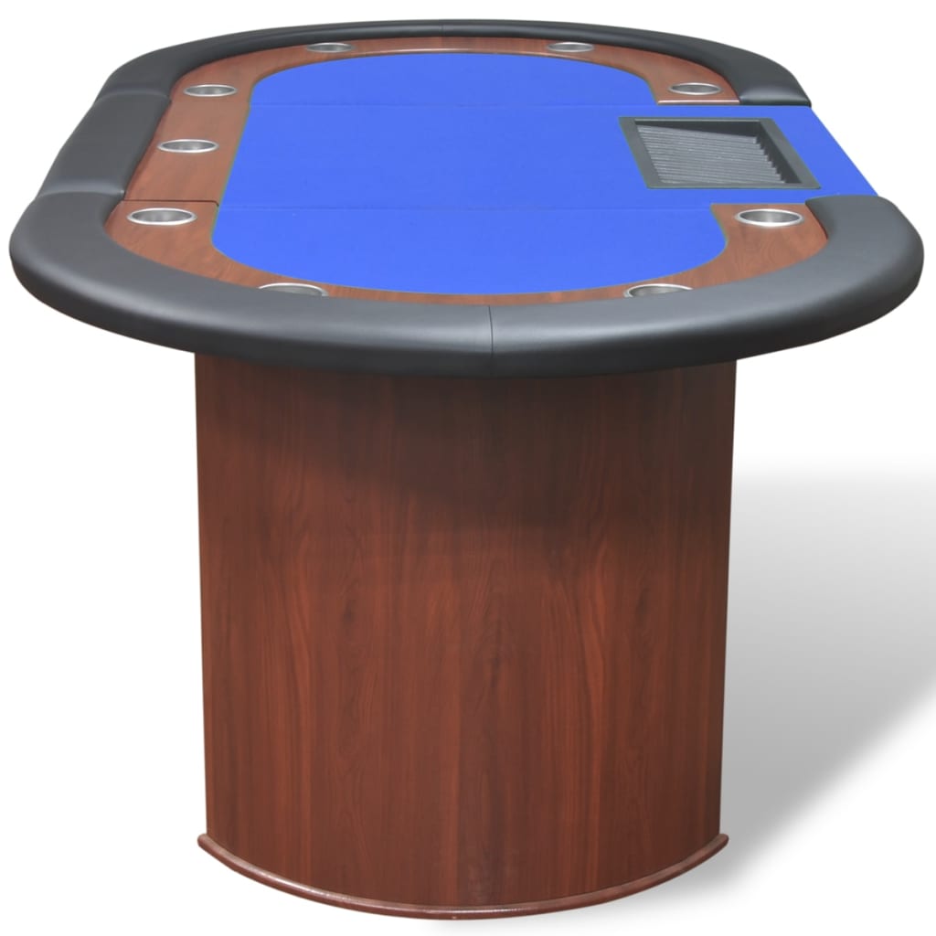 poker table for 10 players with dealer area and chip tray, blue