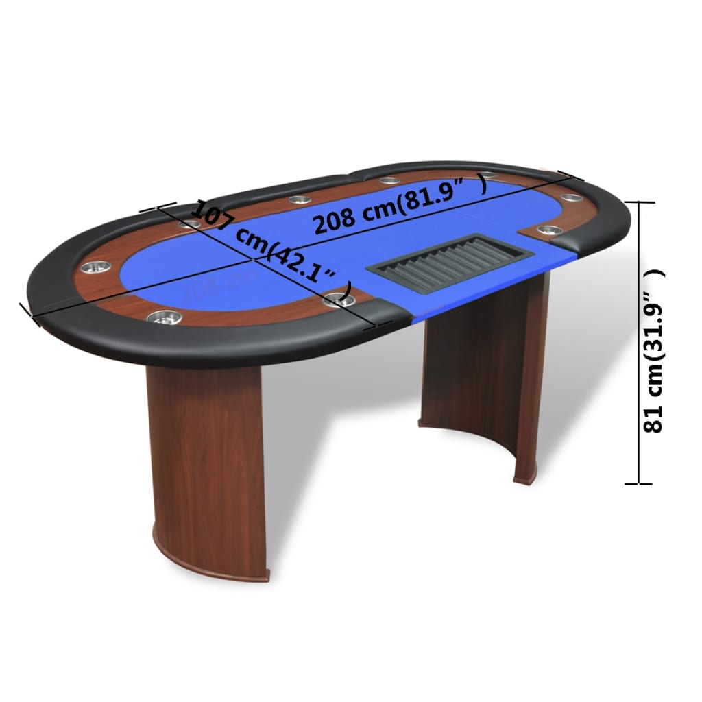 poker table for 10 players with dealer area and chip tray, blue