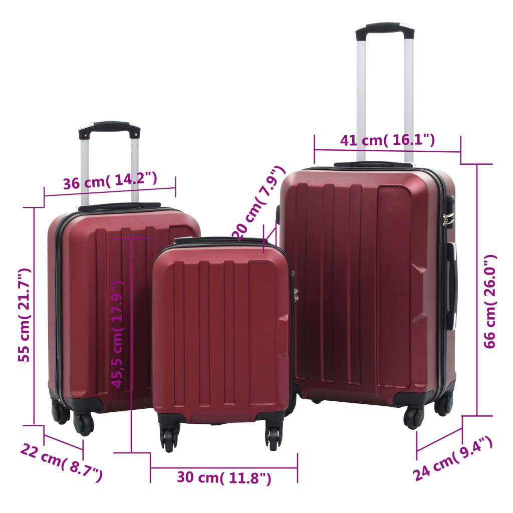 Hard case, 3 pcs, wine red, ABS