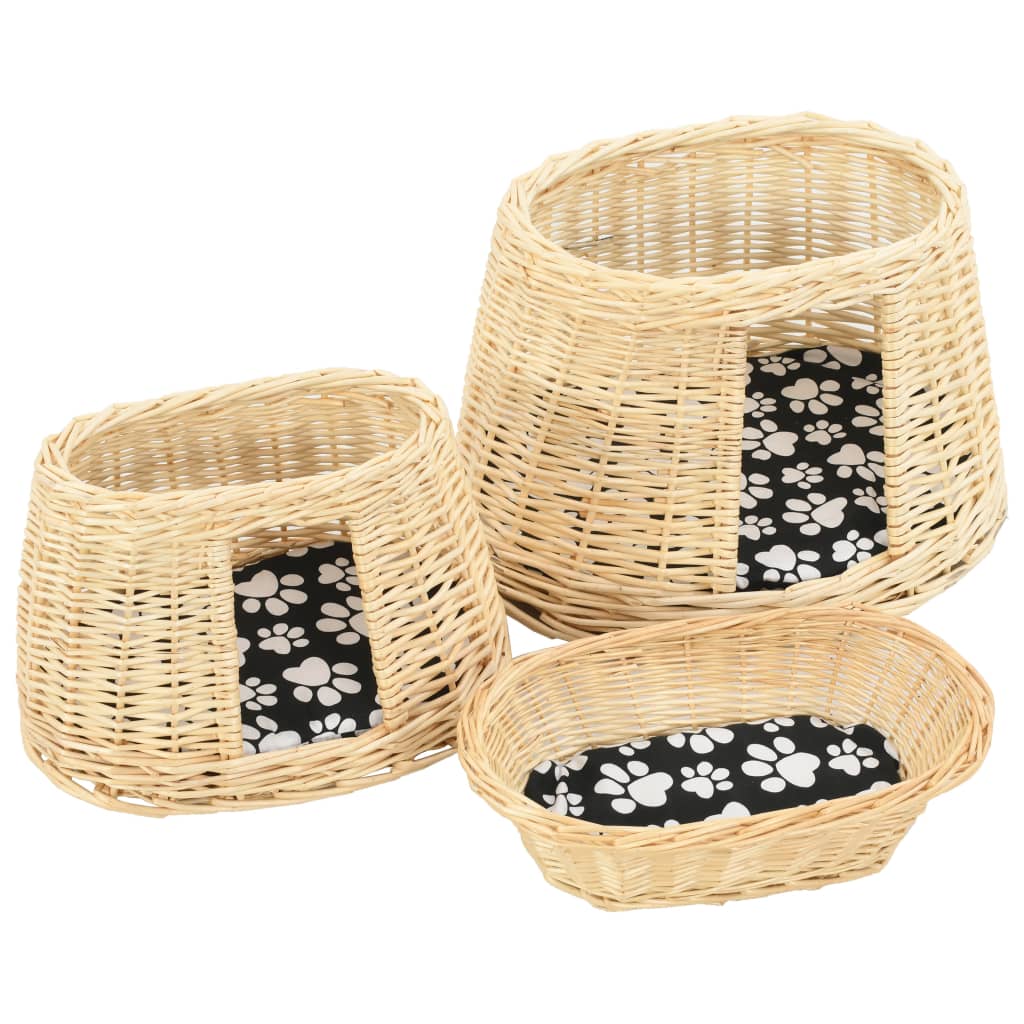 3-piece cat basket with cushions, 47 x 34 x 60 cm, natural willow