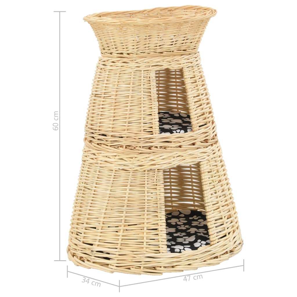 3-piece cat basket with cushions, 47 x 34 x 60 cm, natural willow