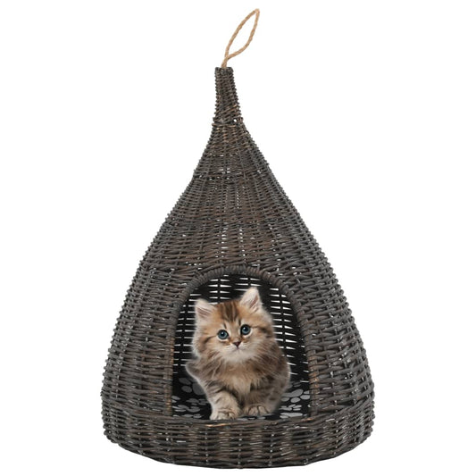 cat house with cushion, gray, 40x60 cm natural willow tipi tent